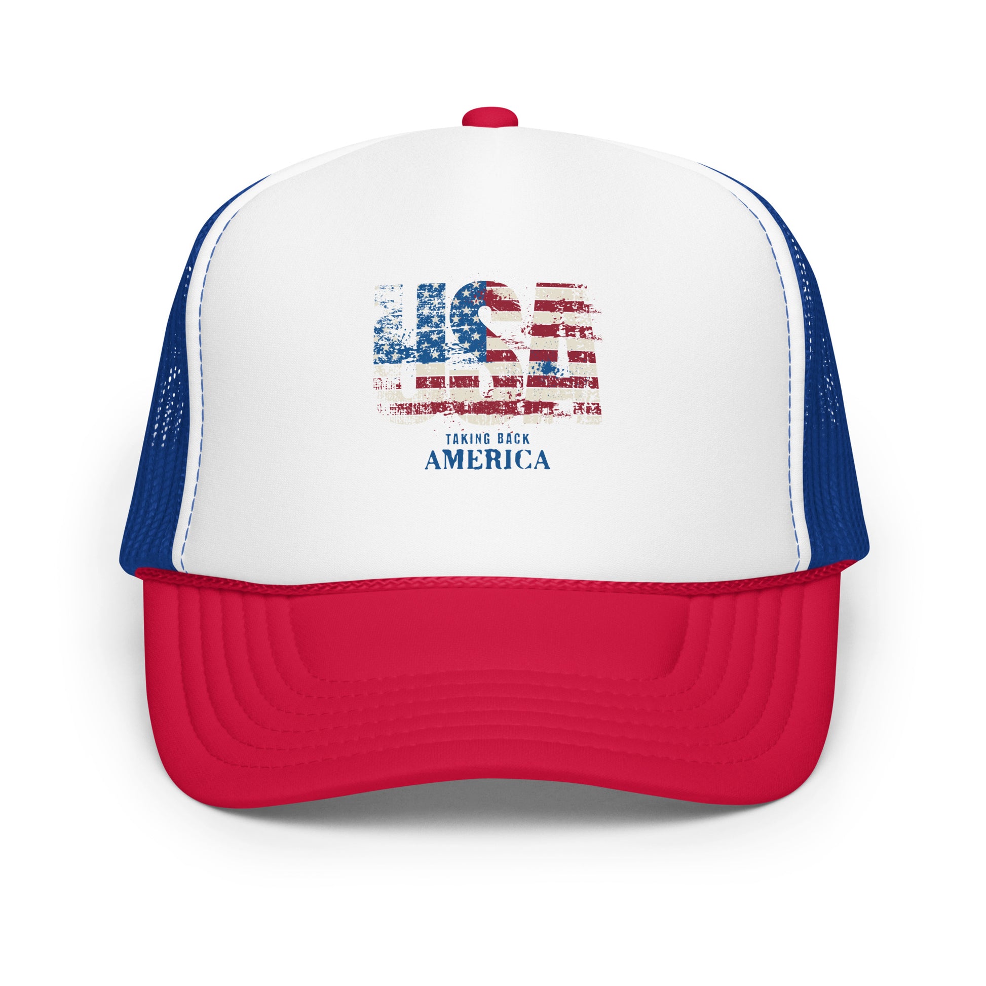 White Royal Red trucker cap with American flag design and 'AMERICA' text on a white background