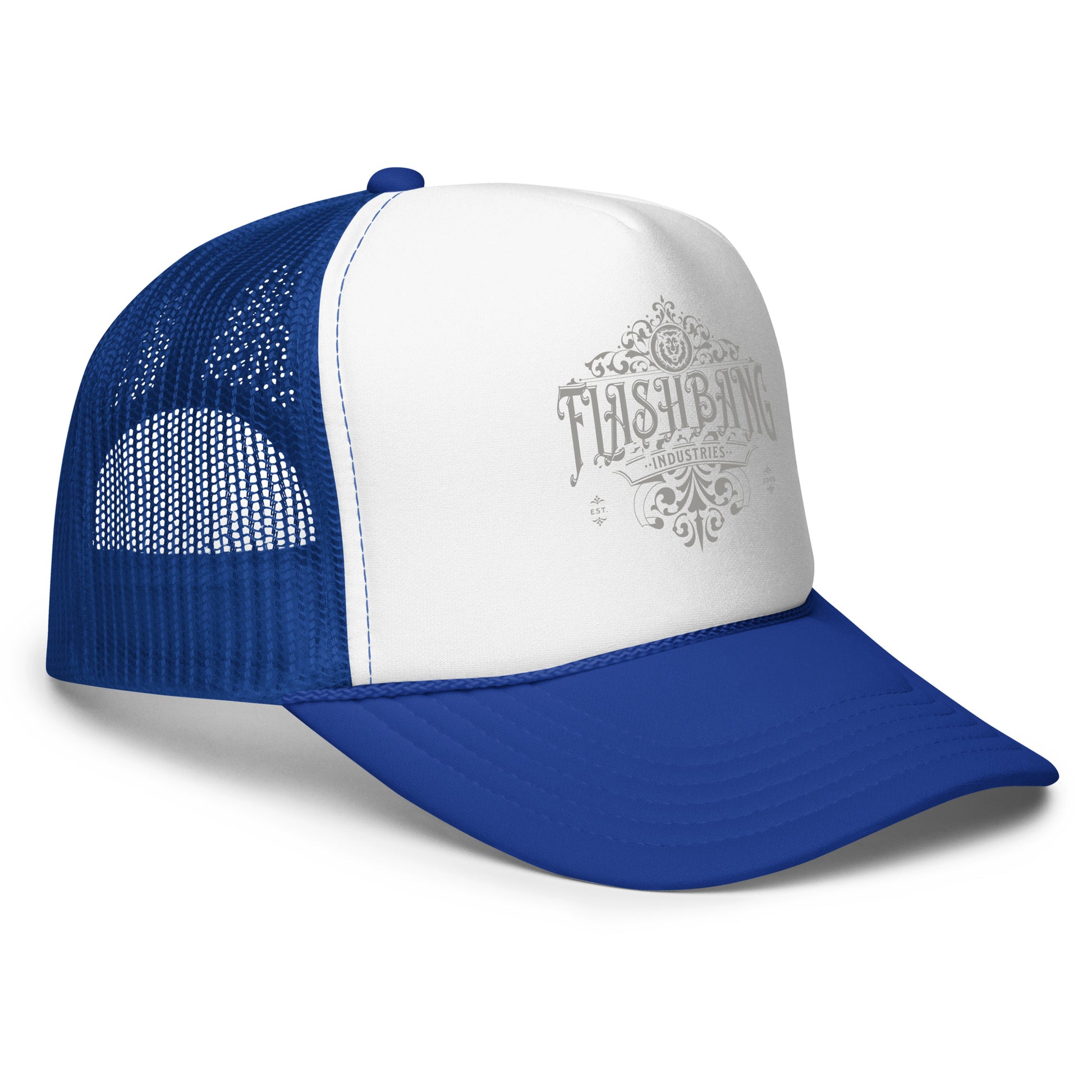 Blue and white trucker hat with mesh back on a white background