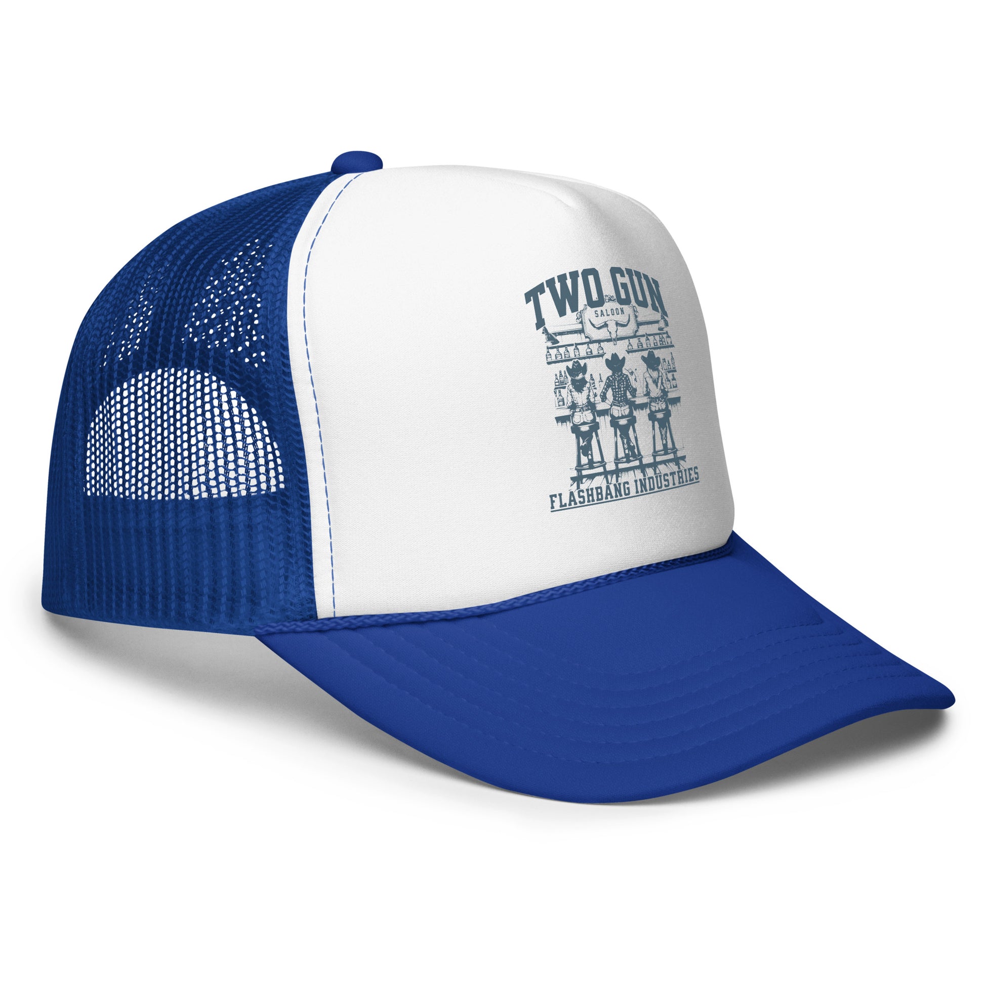Blue and white trucker hat with graphic design on a white background