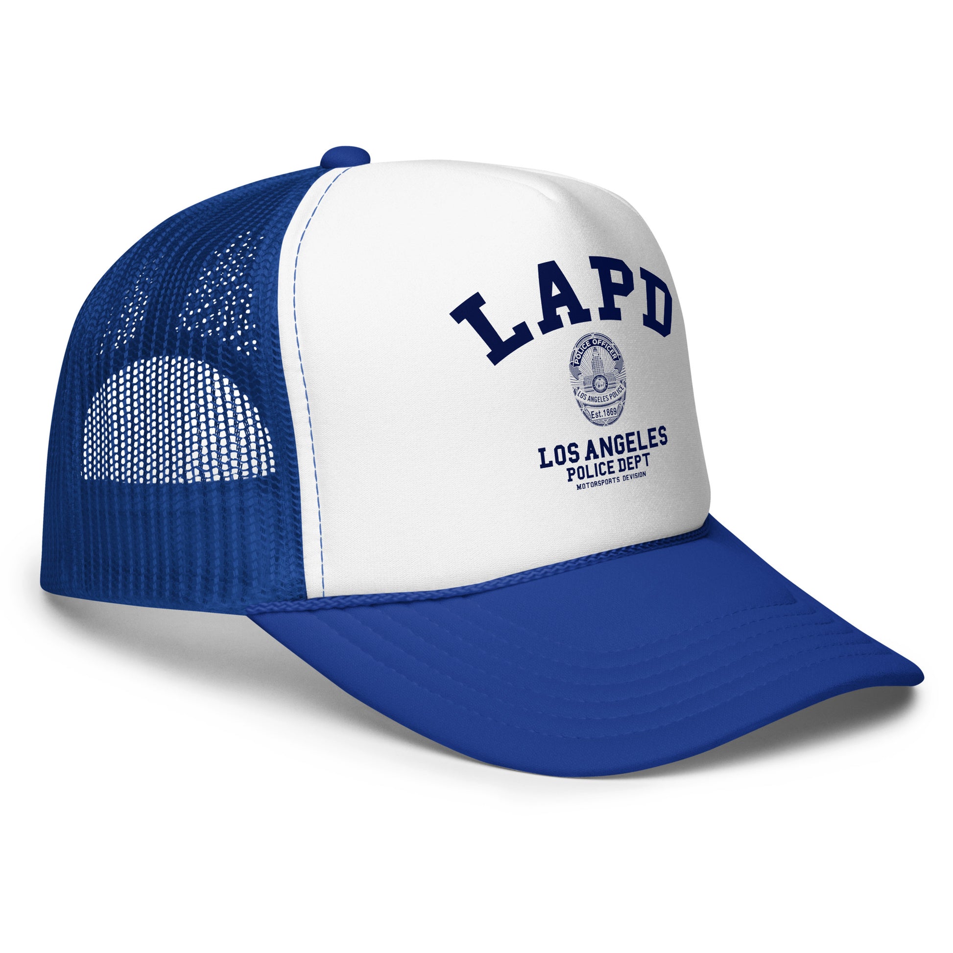 Blue and white cap with LAPD Los Angeles Police Dept logo on a white background