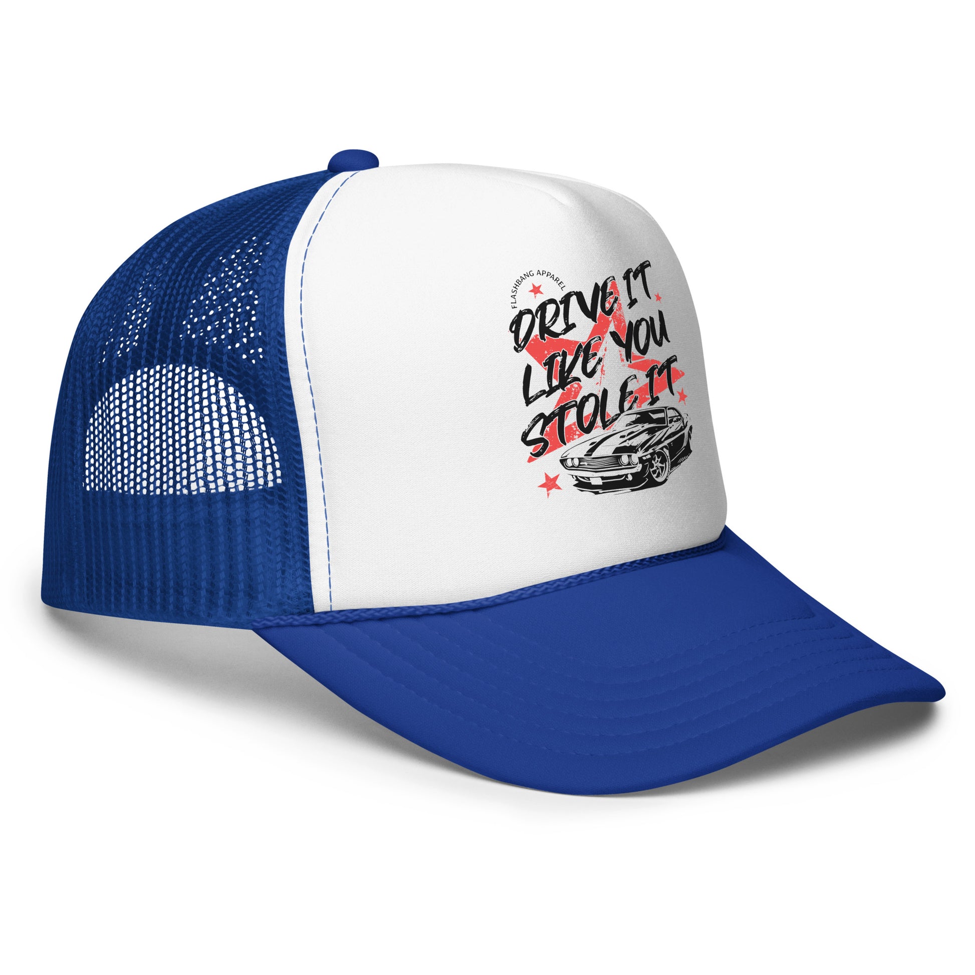 Blue and white trucker hat with graphic design on a white background