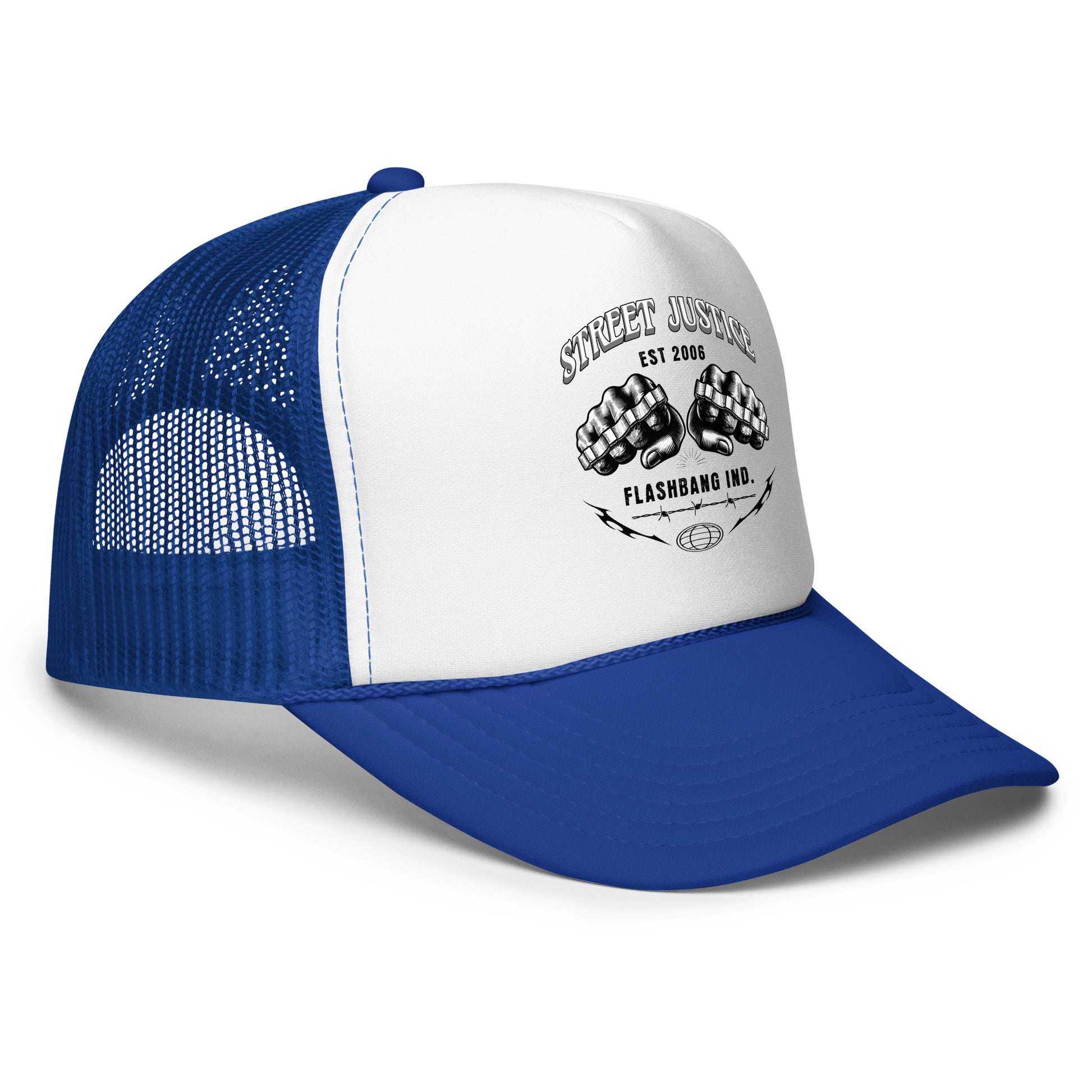 Blue and white trucker hat with graphic design on a white background