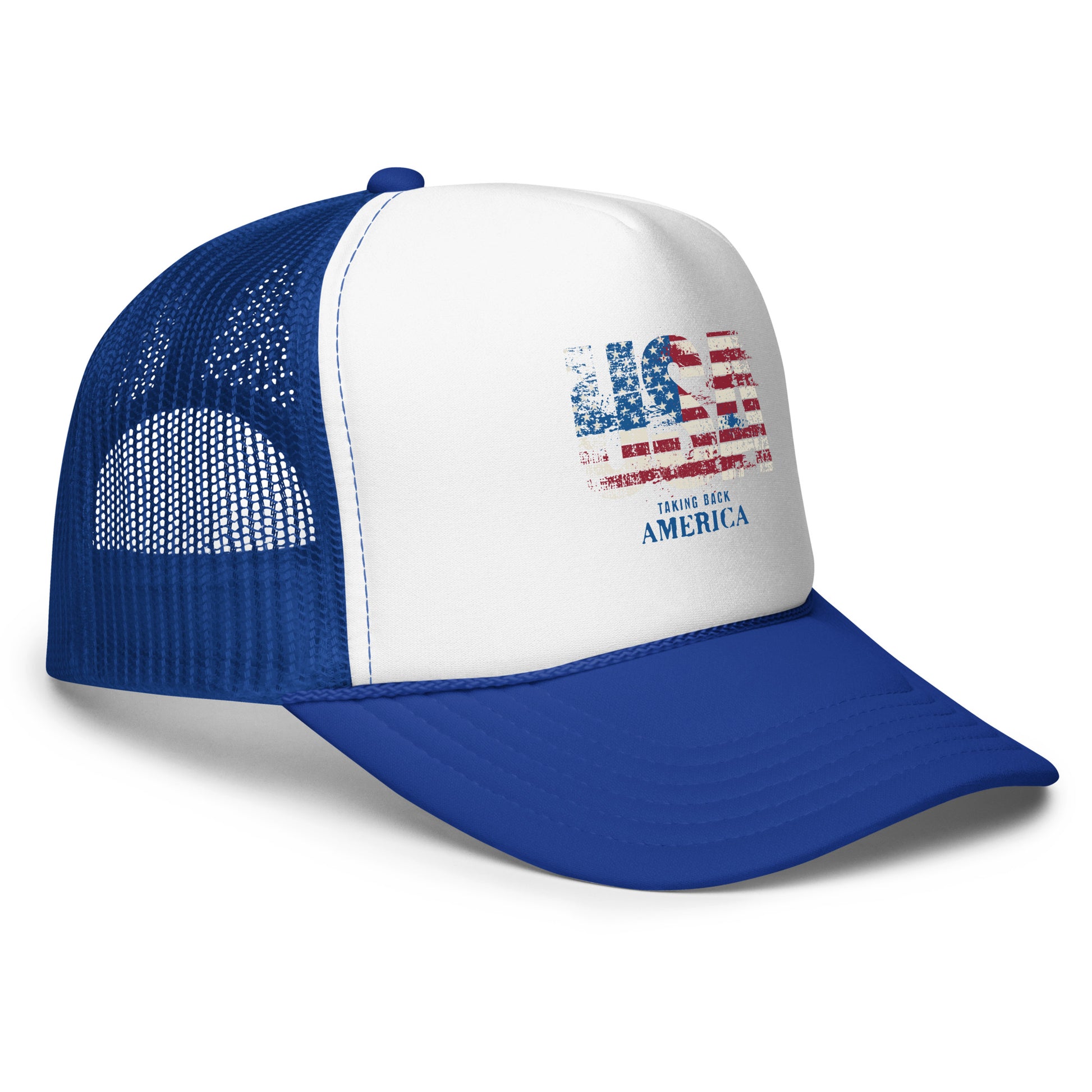 Blue and white trucker hat with American flag design on a white background