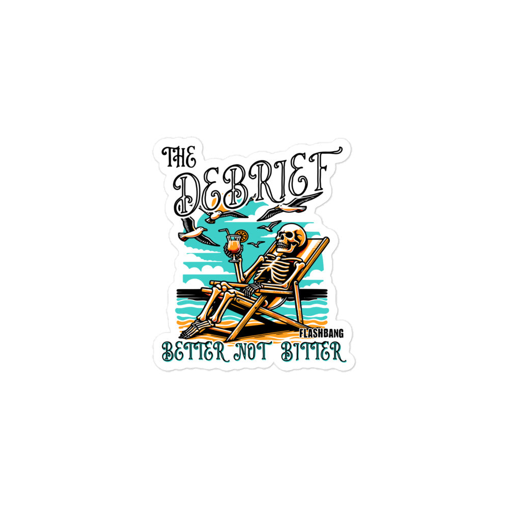 Sticker with skeleton lounging on a beach chair, 'The Debrief' text, and 'Flashgang' branding.