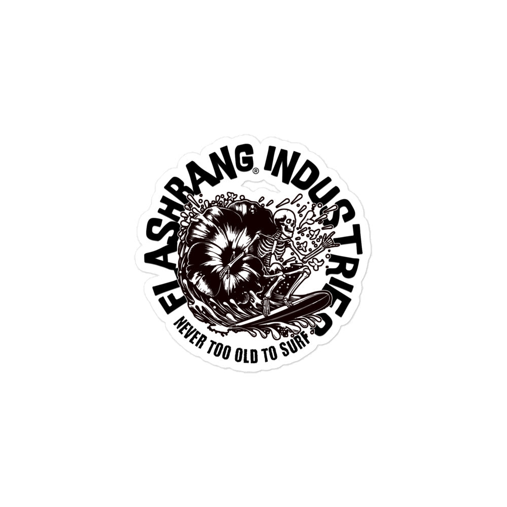 Flashbang Industries logo with a skeleton and surfboard design on a white background