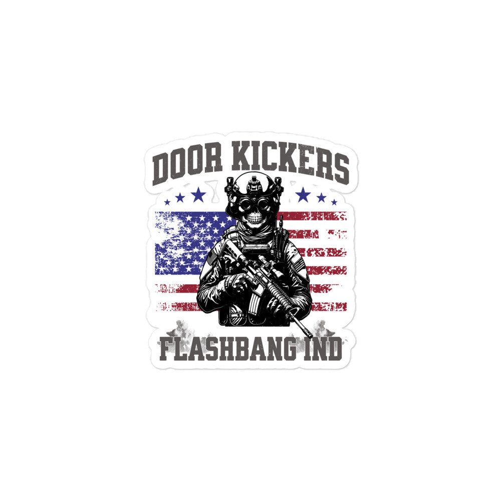 Sticker with 'Door Kickers Flashbang Inc' text and graphic of a person in tactical gear against an American flag background.