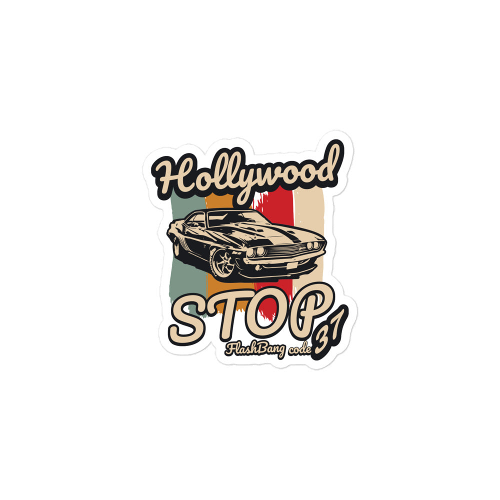Sticker with a vintage car design and 'Hollywood Stop' text on a white background