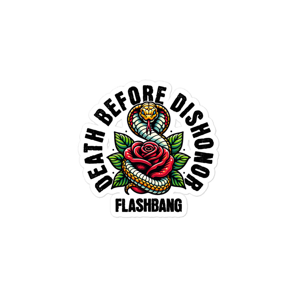 Sticker with snake and rose design and text 'Death Before Dishonor Flashbang' on a white background