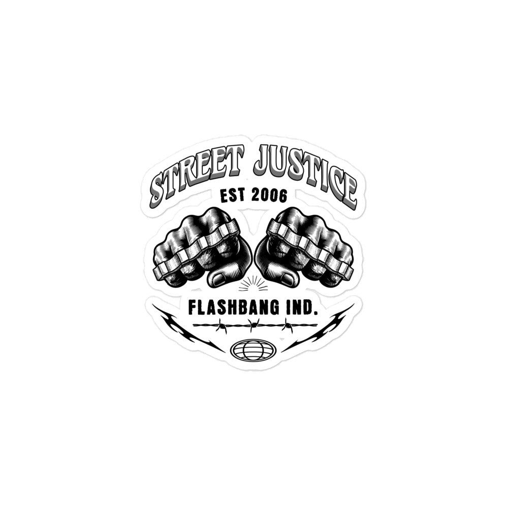 Logo with crossed fists, 'Street Justice', and 'Flashbang Ind.' text on a white background
