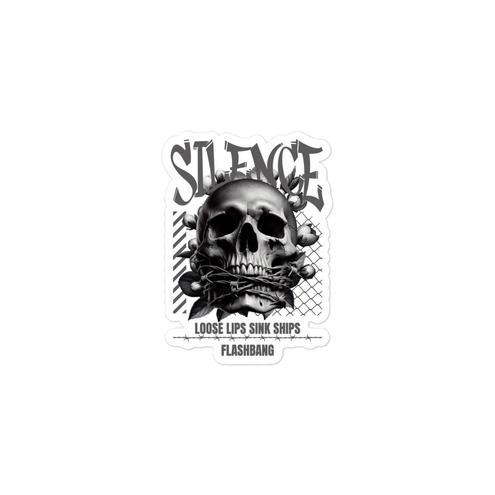 Sticker with a skull and text design on a white background