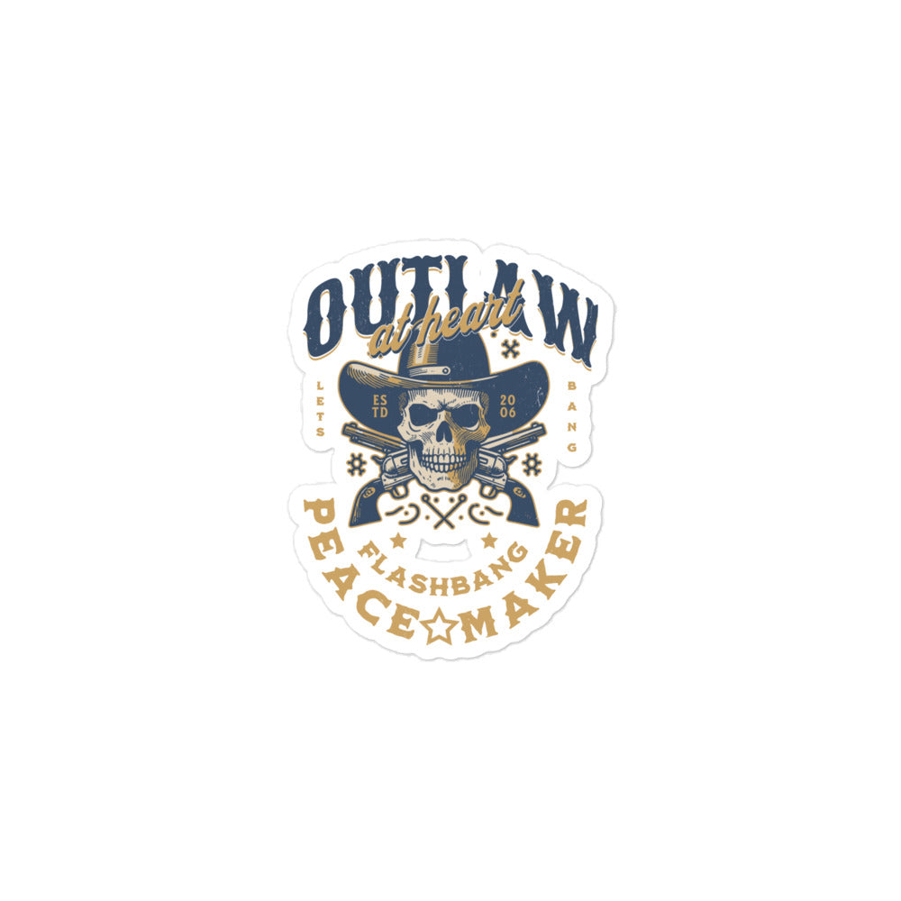 Sticker with skull design and text on a white background
