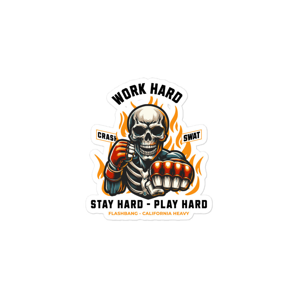 Sticker with a skull wearing gloves and flames, featuring motivational text on a white background.