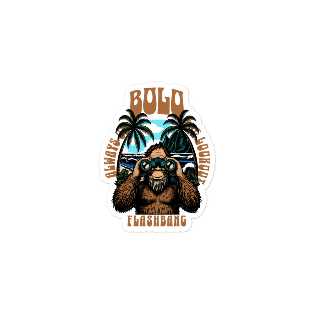 Sticker with a bear wearing binoculars, palm trees, and text on a white background
