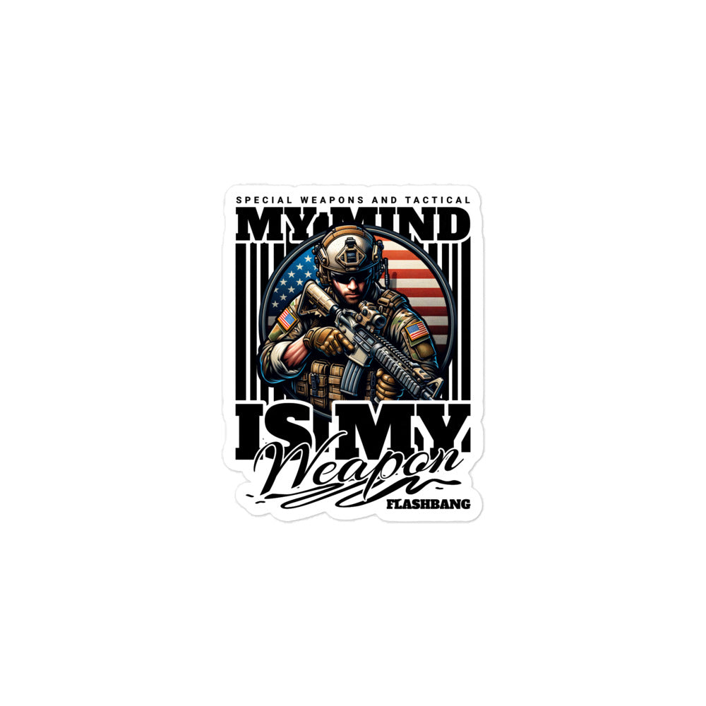 Sticker with a soldier holding an American flag and text 'My Mind is My Weapon' on a white background.