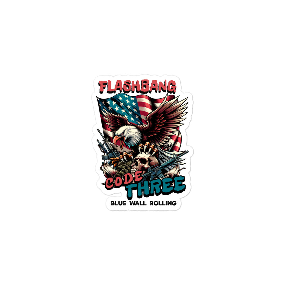 Sticker with 'Flashbang Code Three' design featuring an American flag, eagle, and skull on a white background.