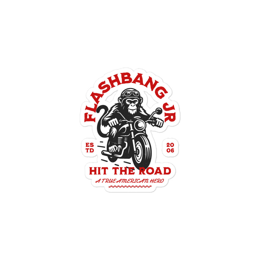 Sticker with a monkey on a motorcycle and 'Flashbang Jr' branding on a white background