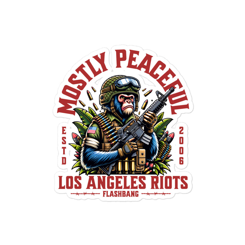 Sticker with a monkey holding a rifle and text 'Mostly Peaceful Los Angeles Riots Flashbang' on a white background
