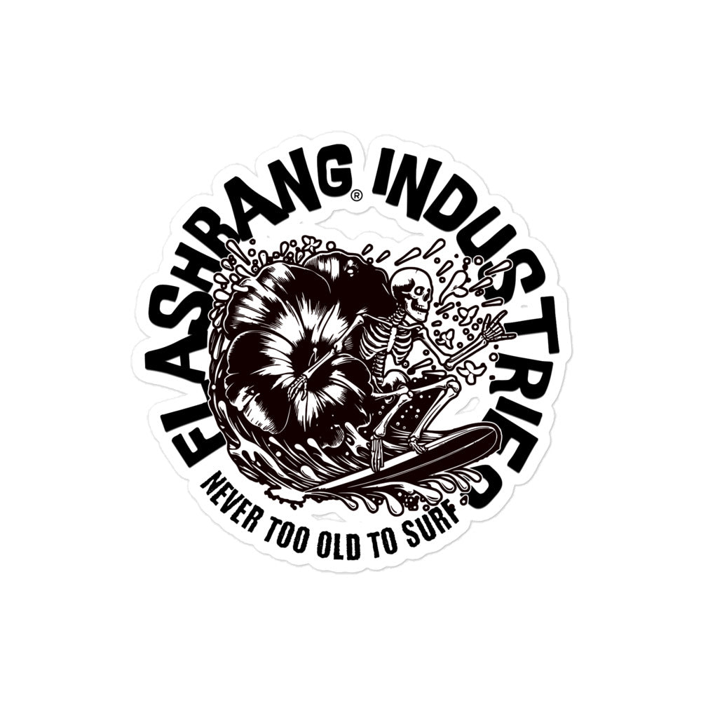 Flashbang Industries logo with a skeleton and surfboard design on a white background