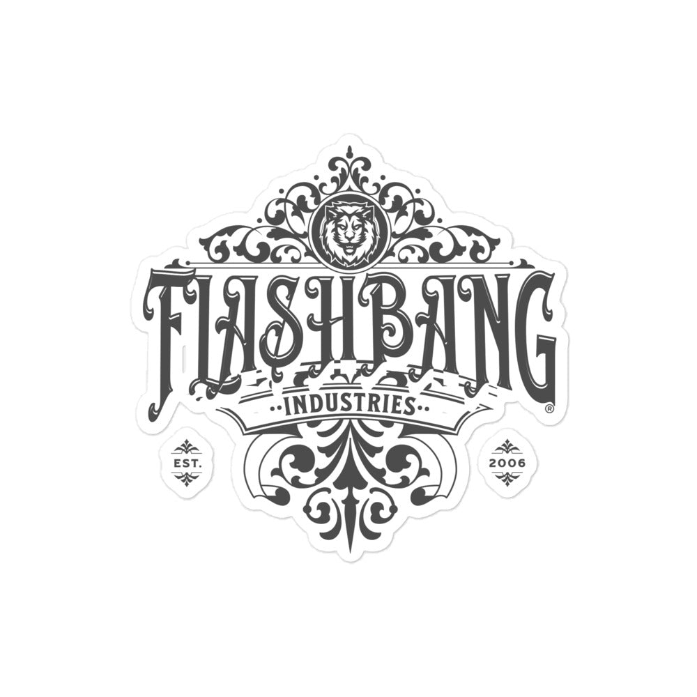 Decorative logo for Flashbang Industries with intricate designs on a white background