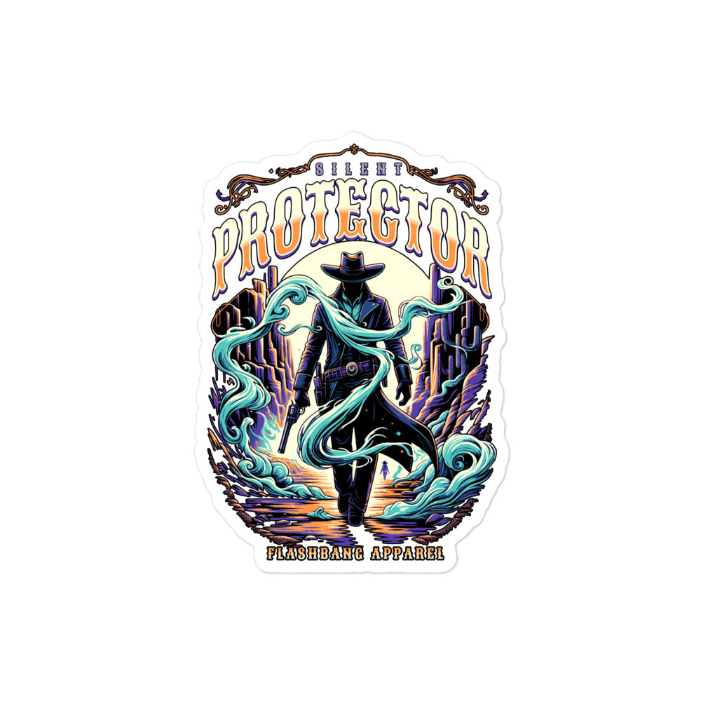 Sticker with a cowboy design and 'Protector' text on a white background