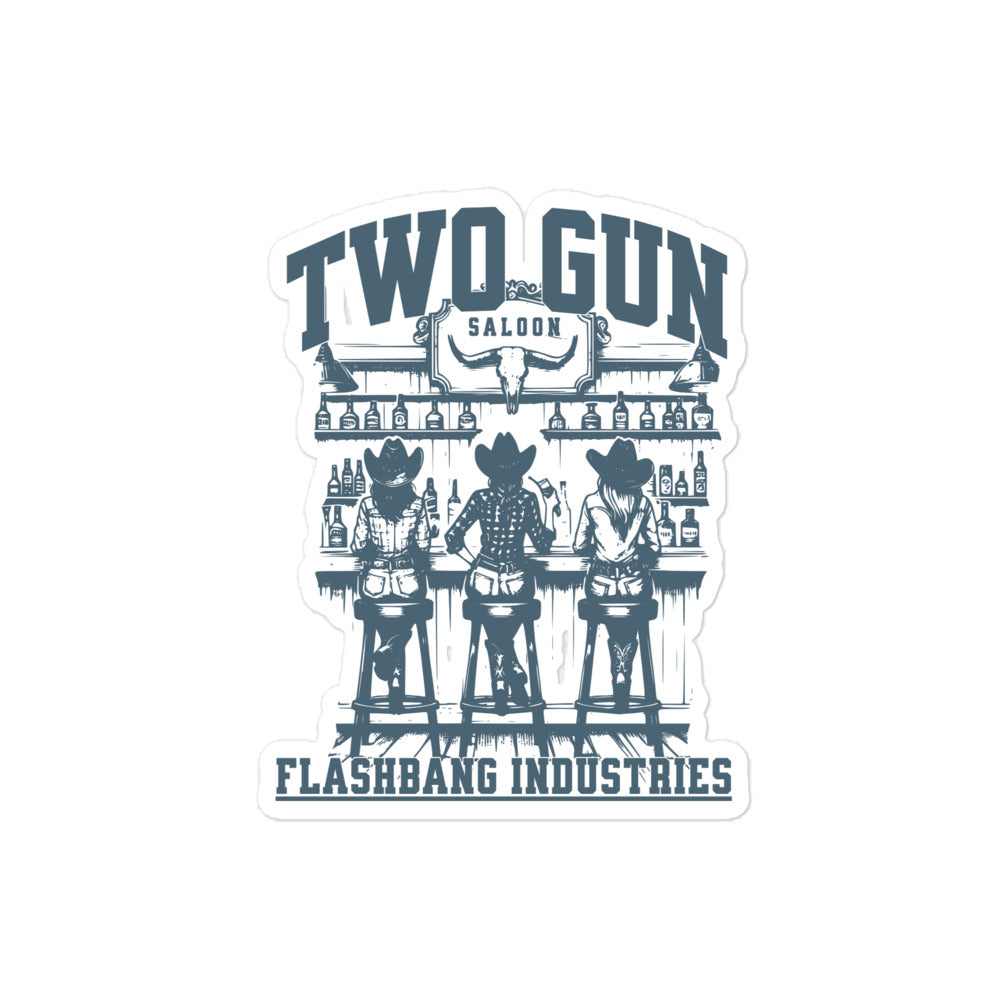 Sticker design of three cowboys at a bar with 'Two Gun Saloon' text and 'Flashbang Industries' branding.