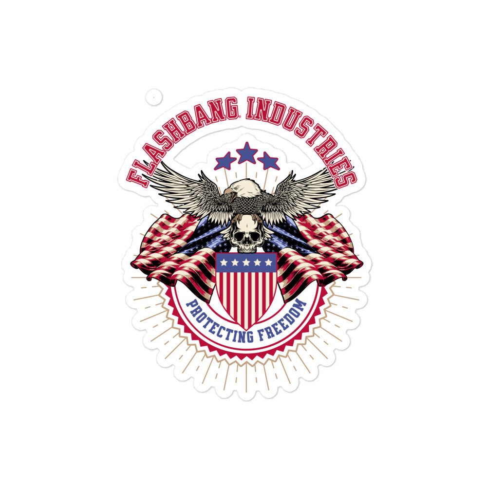 Sticker with 'Flashbang Industries' text, eagle, and American flag design on a white background