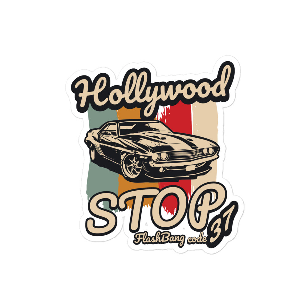 Sticker with vintage car design and text 'Hollywood Stop FlashBang code 37' on a white background