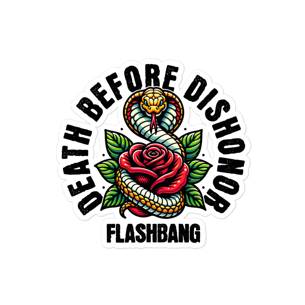 Sticker with snake and rose design and 'Death Before Dishonor Flashbang' text on a white background