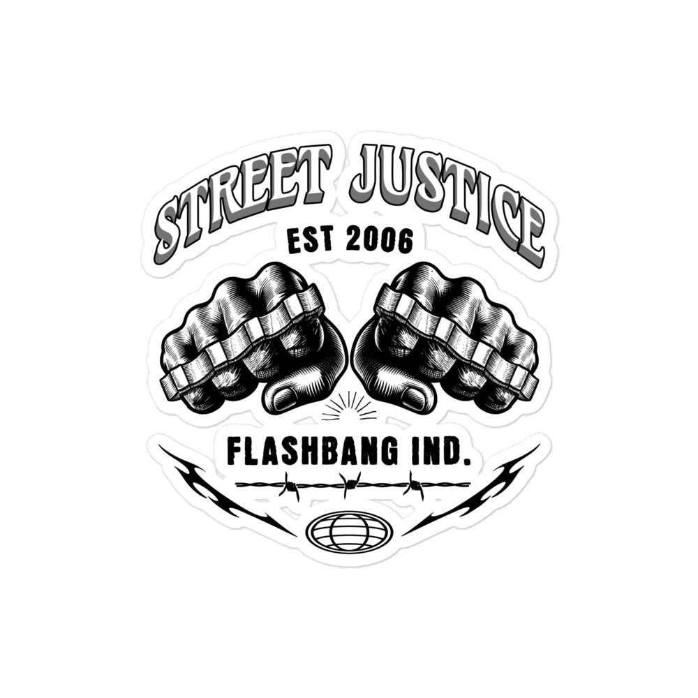 Logo with two fists and text 'Street Justice' and 'Flashbang Ind.' on a white background