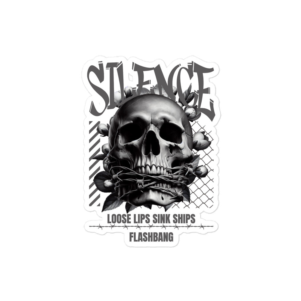 Skull with tied mouth and 'Silence' text on a white background