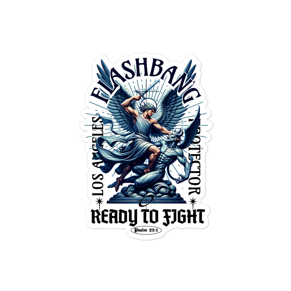 Sticker with angelic figure and text 'Flashbang Los Angeles Protector Ready to Fight' on a white background