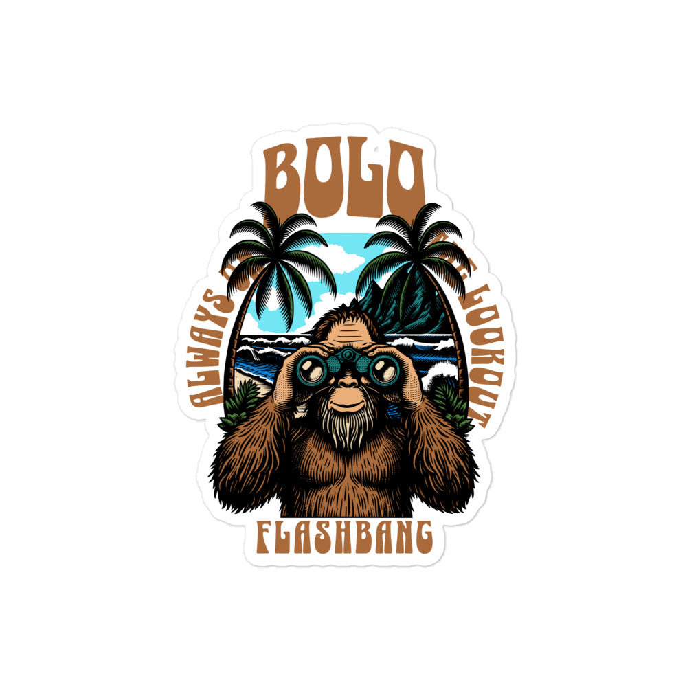 Sticker with a cartoon Sasquatch character holding binoculars, palm trees, and text on a white background.