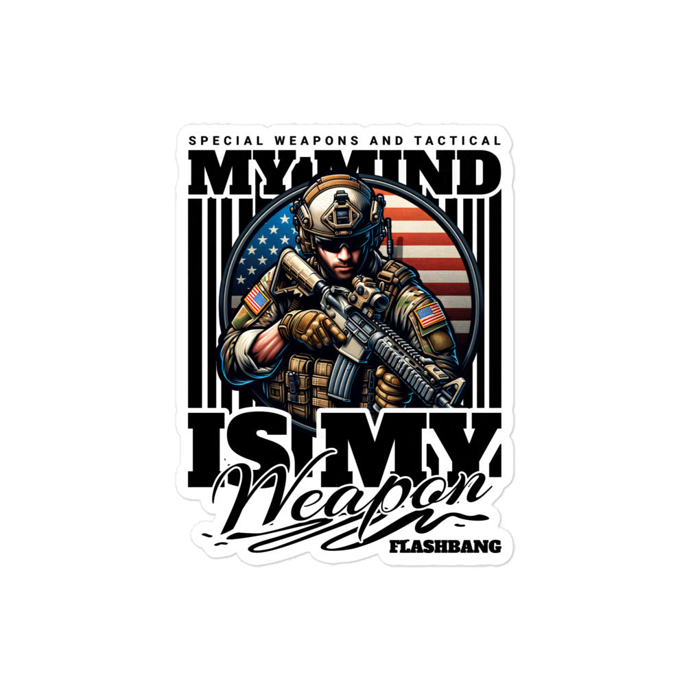 Sticker with a soldier graphic and text 'My Mind is My Weapon' on a white background