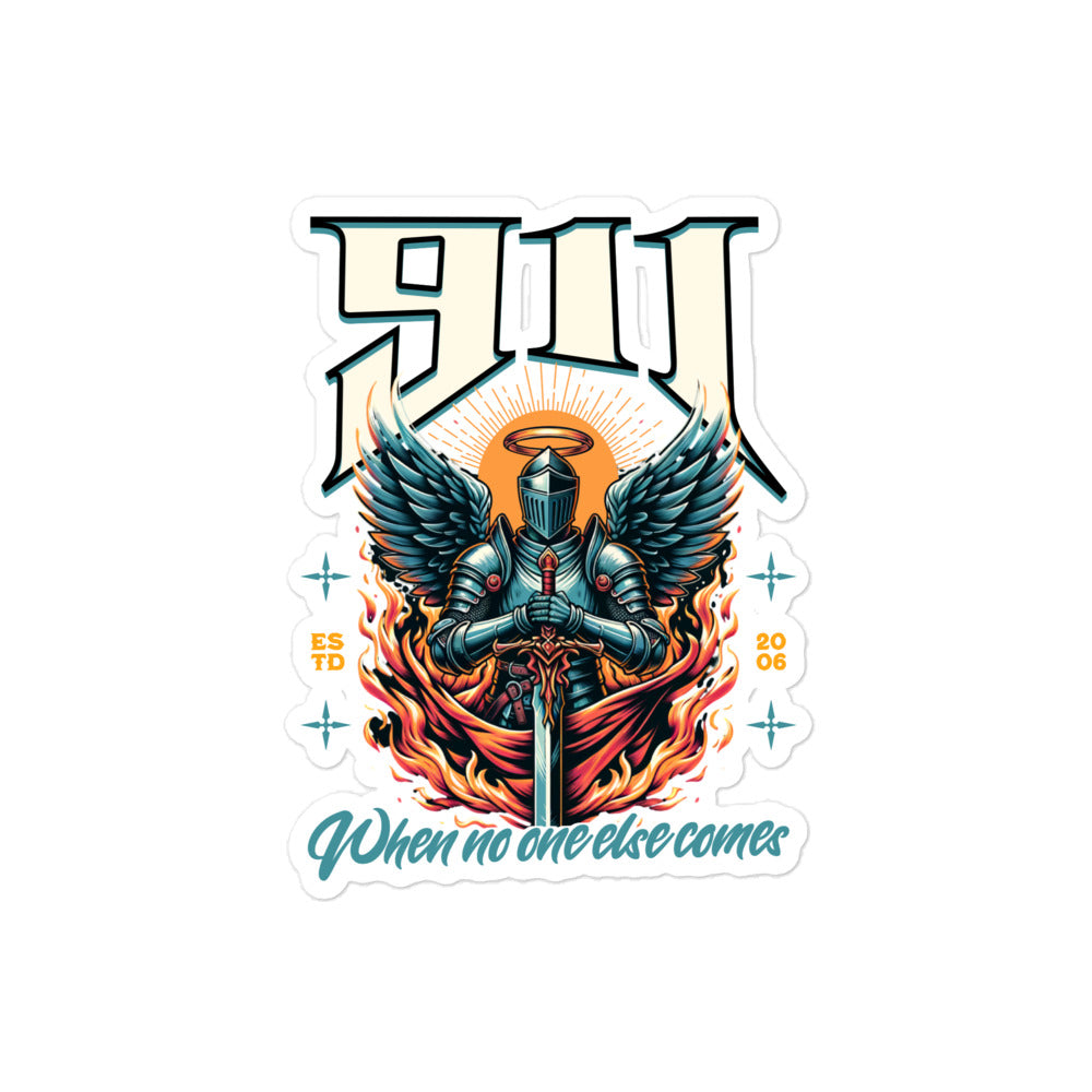 Sticker with a knight holding a sword and '911' text on a white background