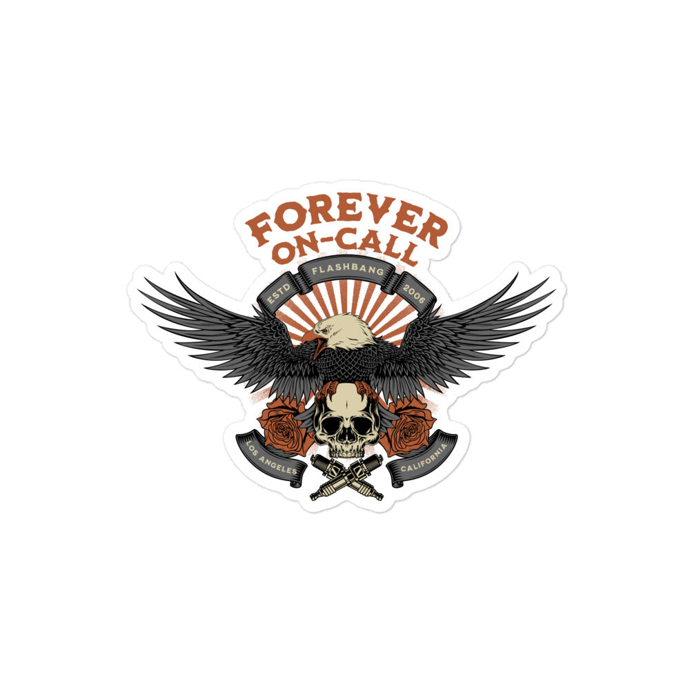 Sticker with an eagle, skull, roses, and 'Forever On-Call' text on a white background