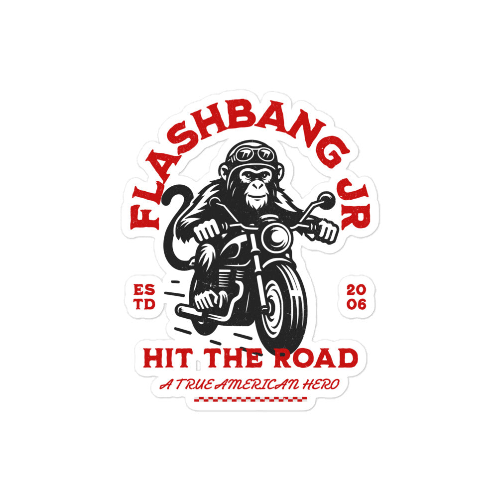 Sticker with a monkey on a motorcycle and 'Flashbang Jr' branding on a white background