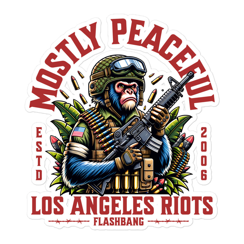 Sticker design featuring a monkey in military gear with text 'Mostly Peaceful Los Angeles Riots Flashbang' on a white background.