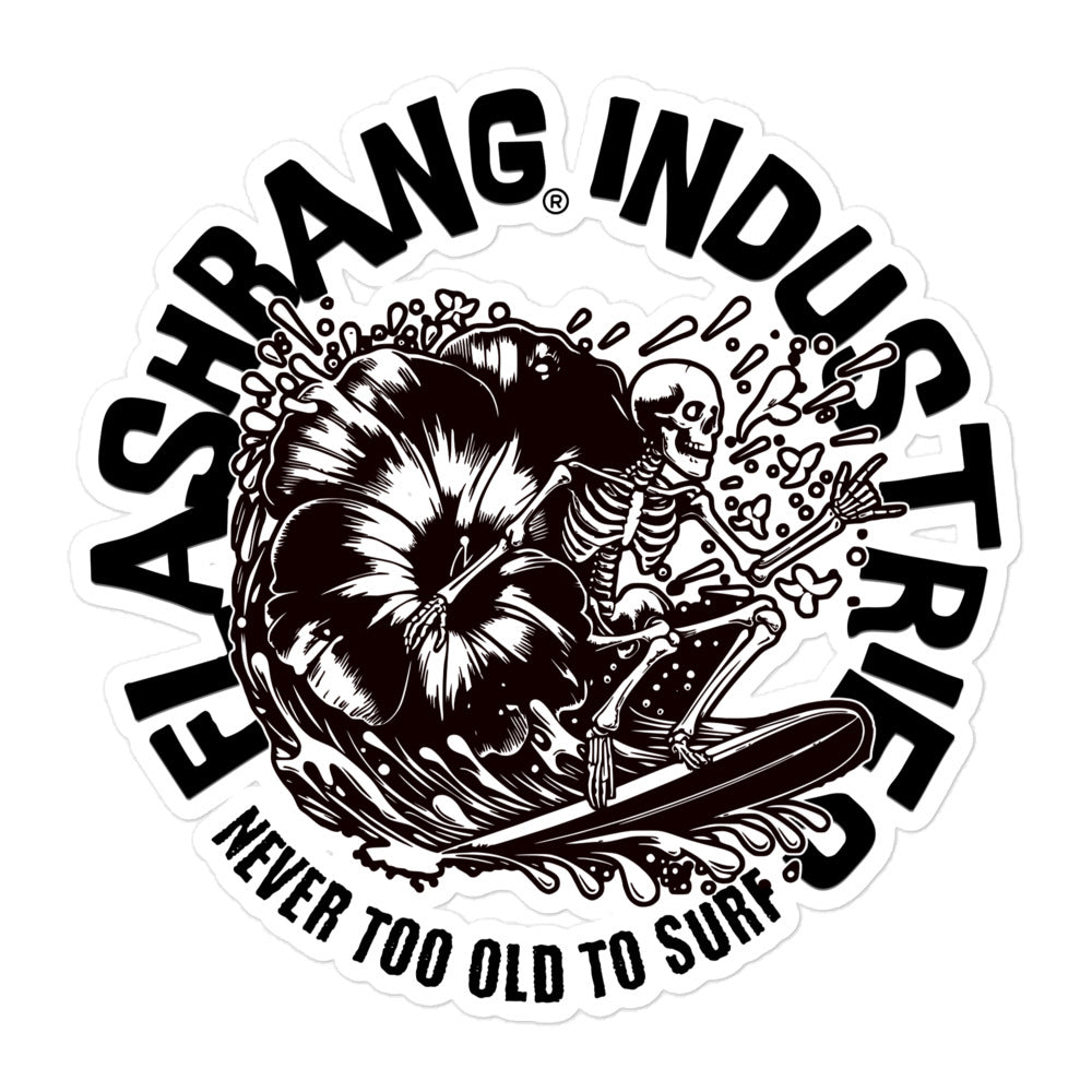 Sticker with a skeleton surfing a wave, surrounded by text 'Elashrang Industry' and 'Never Too Old To Surf'.