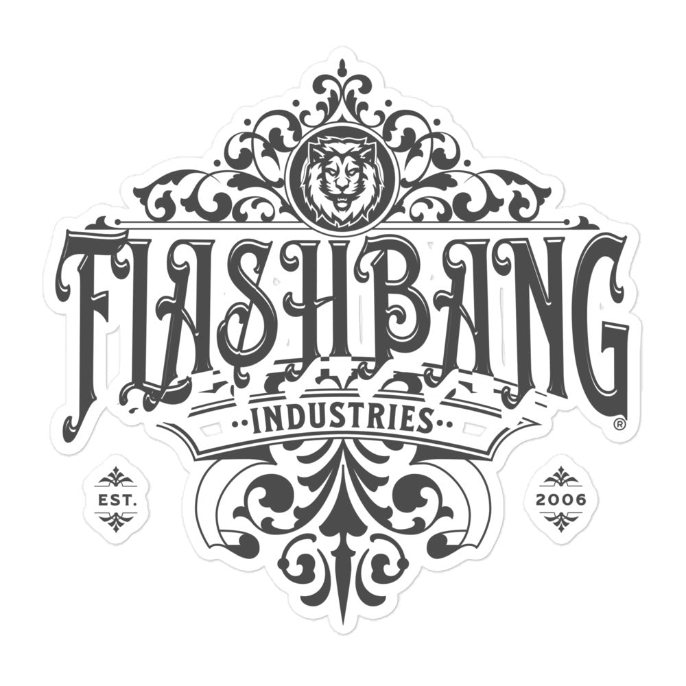 Decorative logo for Flashbang Industries with ornate design elements on a white background