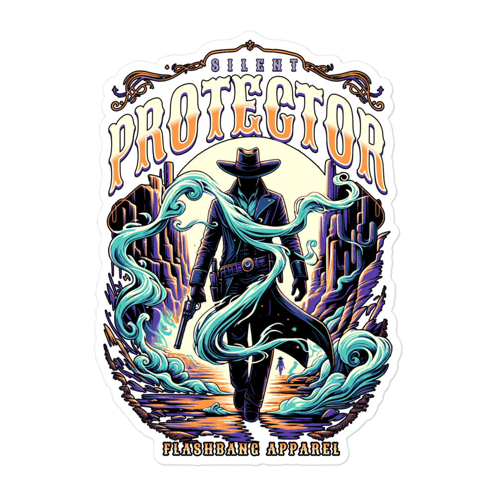 Sticker design with a silhouette of a person in a hat and coat, surrounded by swirling blue and purple patterns, with 'Silent Protector' text at the top.