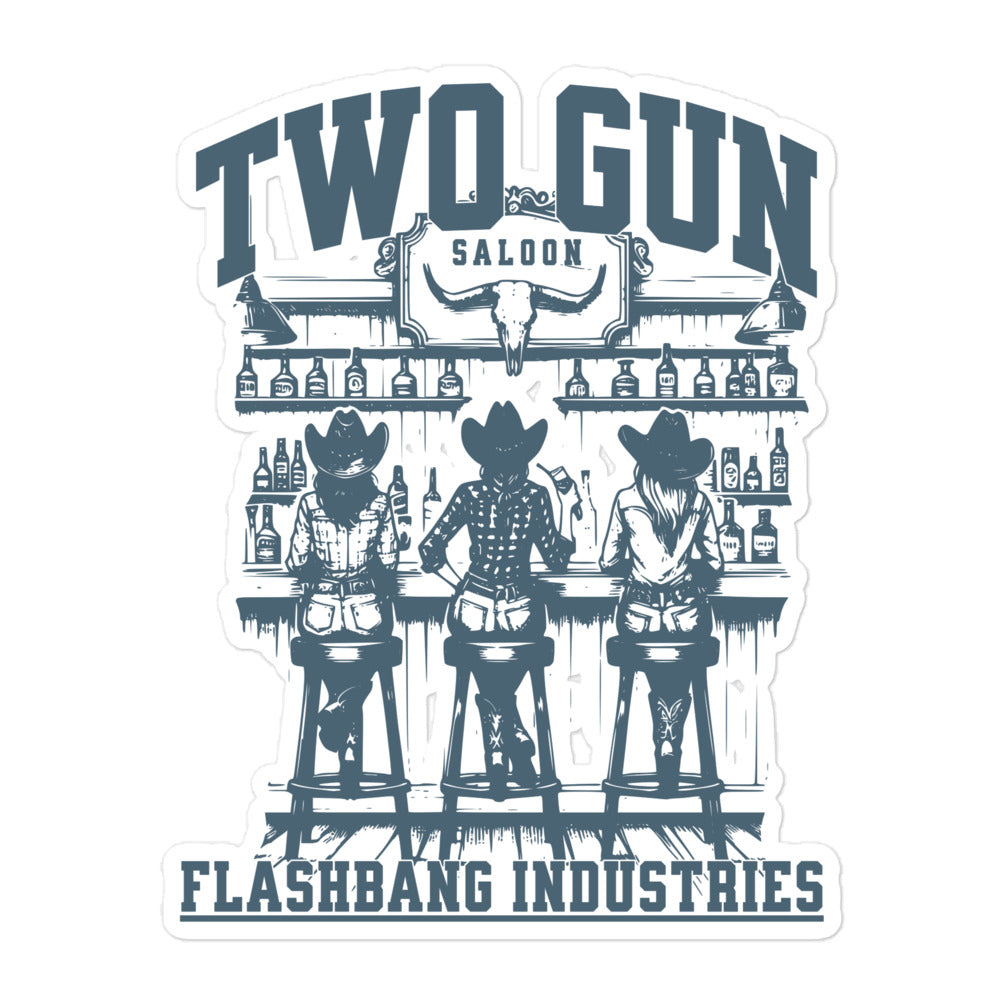 Illustration of three cowboys at a bar with 'Two Gun Saloon' text and 'Flashbang Industries' branding.