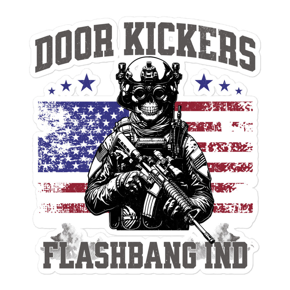 Sticker with a skull in tactical gear and American flag, labeled 'Door Kickers Flashbang IND'.