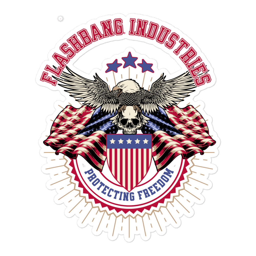 Logo with an eagle, American flag, and skull, featuring the text 'Flashbang Industries Protecting Freedom'.