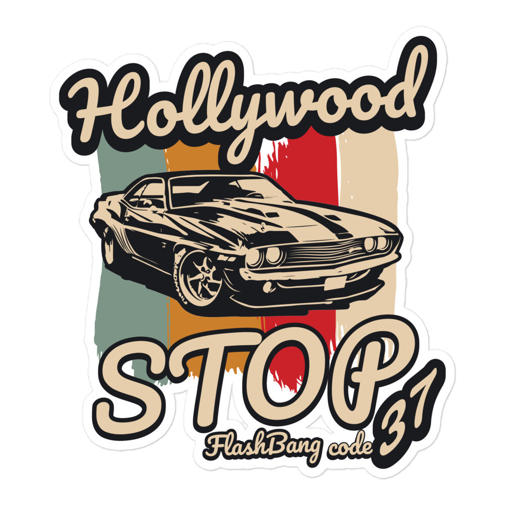 Sticker with a classic car design and text 'Hollywood STOP FlashBang code 31' on a white background