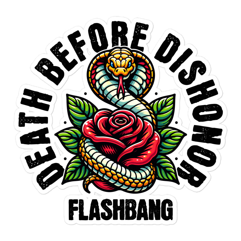 Sticker with snake and rose design and 'Death Before Dishonor Flashbang' text on a white background