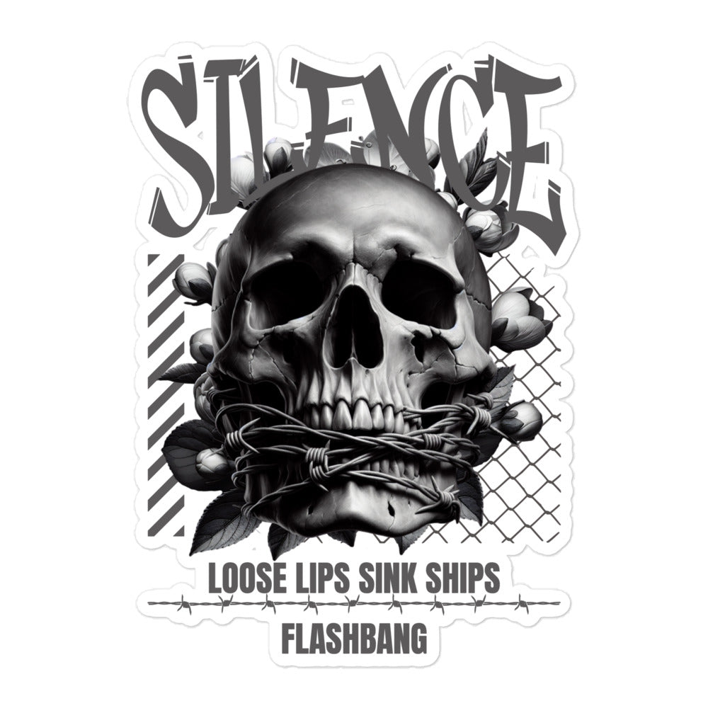 Skull with barbed wire in mouth and 'Silence' text on a white background