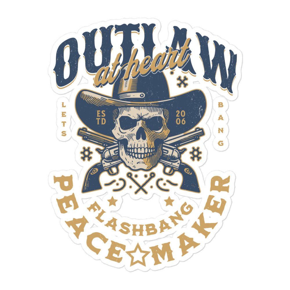 Sticker design with skull, cowboy hat, and text 'Outlaw at heart' on a white background