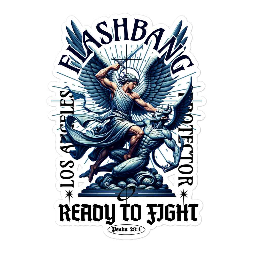 Sticker with angelic figure and text 'Flashbang Los Angeles Protector Ready to Fight' on a white background