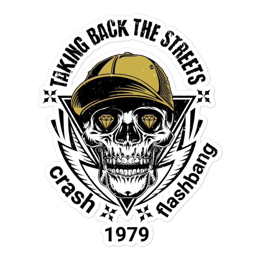Sticker design with skull wearing a cap, text 'Taking Back the Streets', 'Crash Flashbang 1979' on a white background.