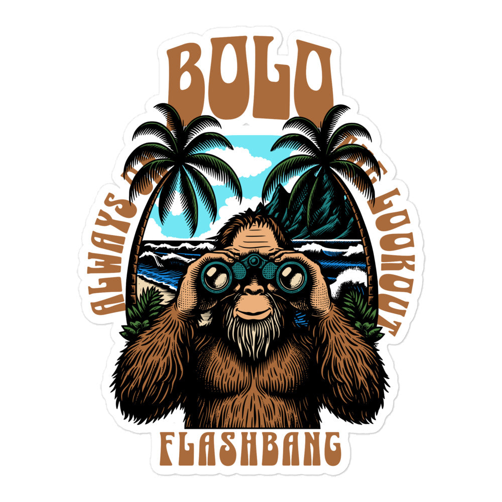 Sticker with a bear using binoculars, palm trees, and text on a white background
